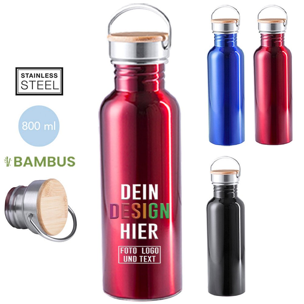 Edelstahl Trinkflasche 800 ml Tulman mit Bambusdeckel - Fototassen.de