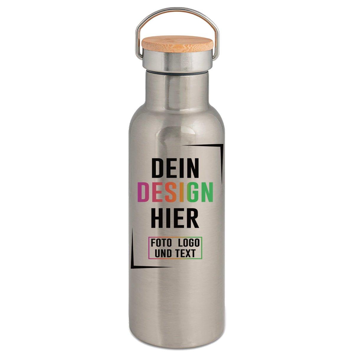 Premium Trinkflasche 750 ml in Weiß od. Silber mit Bambusdeckel - Fototassen.de