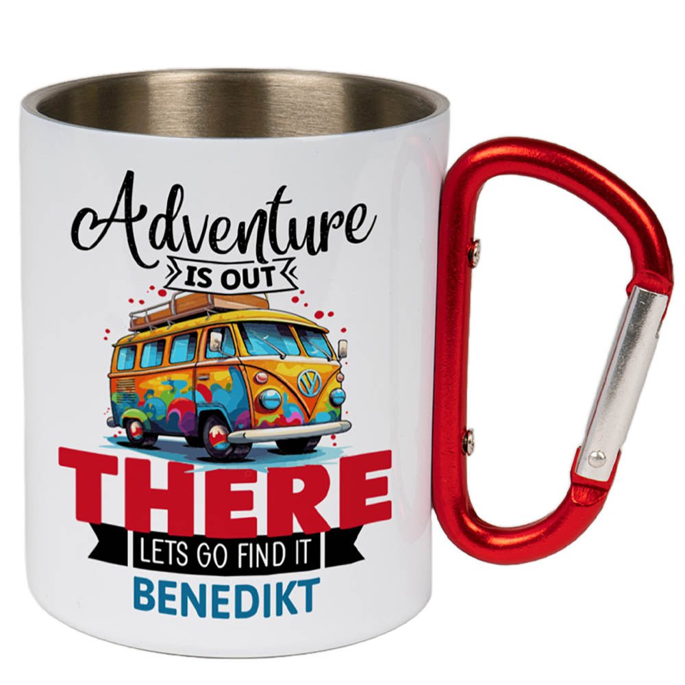 Weiße Edelstahltasse mit Karabinergriff in Rot - Fototassen.de