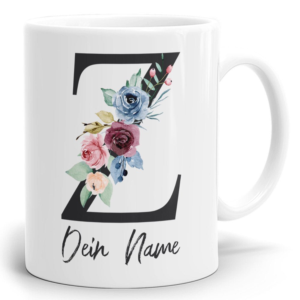 Namenstasse mit Blumen Initial und Wunschname - Fototassen.de
