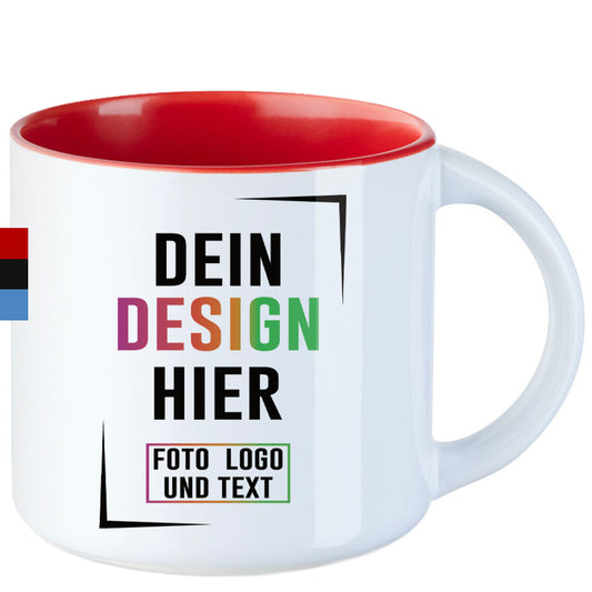 Weiße Fototasse mit rotem Innenrand, personalisierbar mit eigenem Foto, Logo und Text