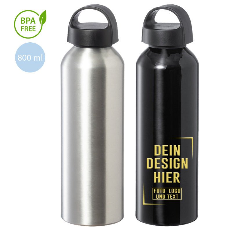 Trinkflasche 800 ml aus Aluminium in Schwarz od. Silber - Fototassen.de