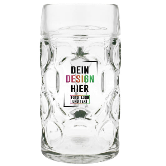 Original Glasmaßkrug 1 Liter mit Schild zum Bedrucken