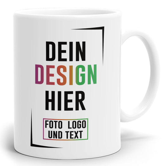 Weiße Fototasse mit Aufdruck 'Dein Design hier', ideal zum Personalisieren mit Foto, Logo oder Text