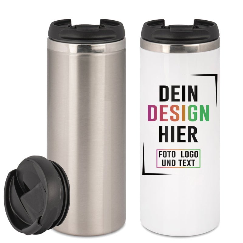 Schlanker Edelstahl Thermobecher in Weiß oder Silber - Fototassen.de