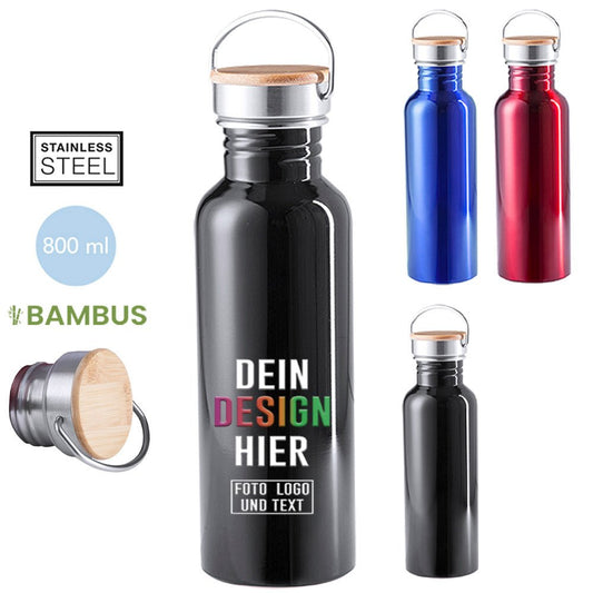 Edelstahl Trinkflasche 800 ml Tulman mit Bambusdeckel - Fototassen.de