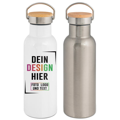 Premium Trinkflasche 750 ml in Weiß od. Silber mit Bambusdeckel - Fototassen.de