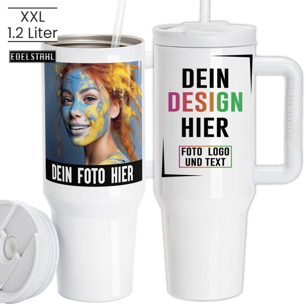 XXL Edelstahl Thermobecher mit Henkel, Flip - Deckel und Kunststoffhalm - Fototassen.de