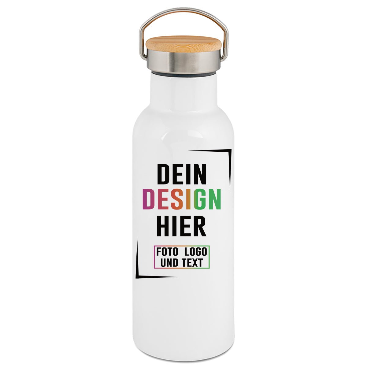 Premium Trinkflasche 750 ml in Weiß od. Silber mit Bambusdeckel - Fototassen.de