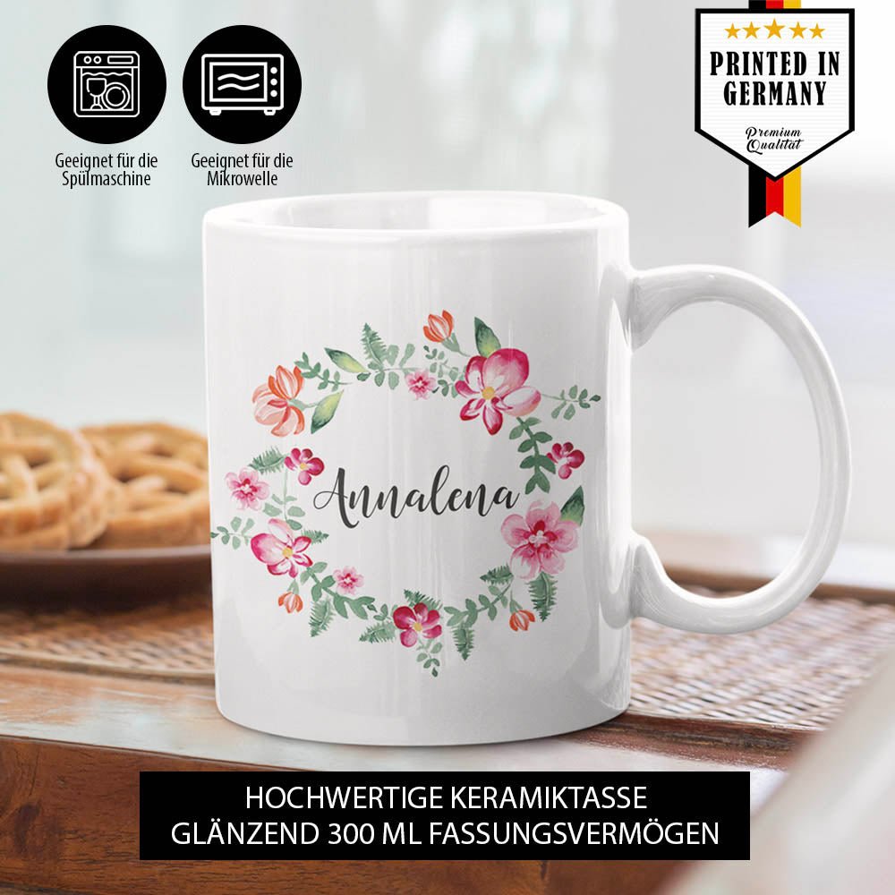 Wasserfarben "Blumenkranz" mit eigenem Namen - Fototassen.de