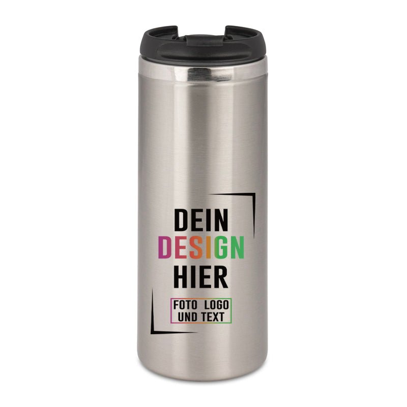 Schlanker Edelstahl Thermobecher in Weiß oder Silber - Fototassen.de