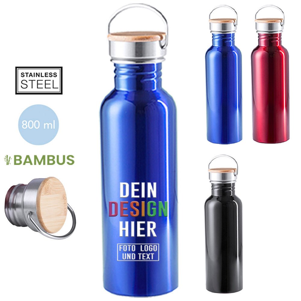 Edelstahl Trinkflasche 800 ml Tulman mit Bambusdeckel - Fototassen.de