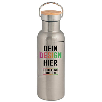 Premium Trinkflasche 750 ml in Weiß od. Silber mit Bambusdeckel - Fototassen.de