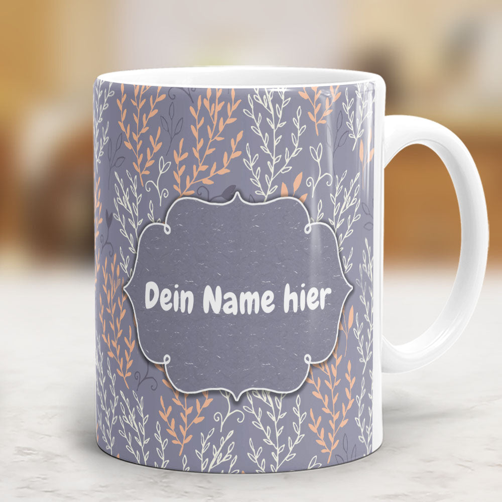Beispiel Druck Panoramatasse Ast und Strauch mit Dein Name hier