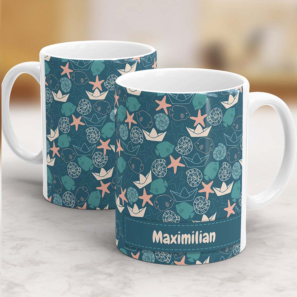 Panoramadruck Tag am Meer Tasse mit Name beide Ansichten