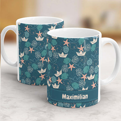 Panoramadruck Tag am Meer Tasse mit Name beide Ansichten