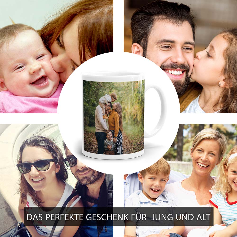 Fototasse mit Familienfoto, umgeben von glücklichen Familien, perfektes Geschenk für Jung und Alt