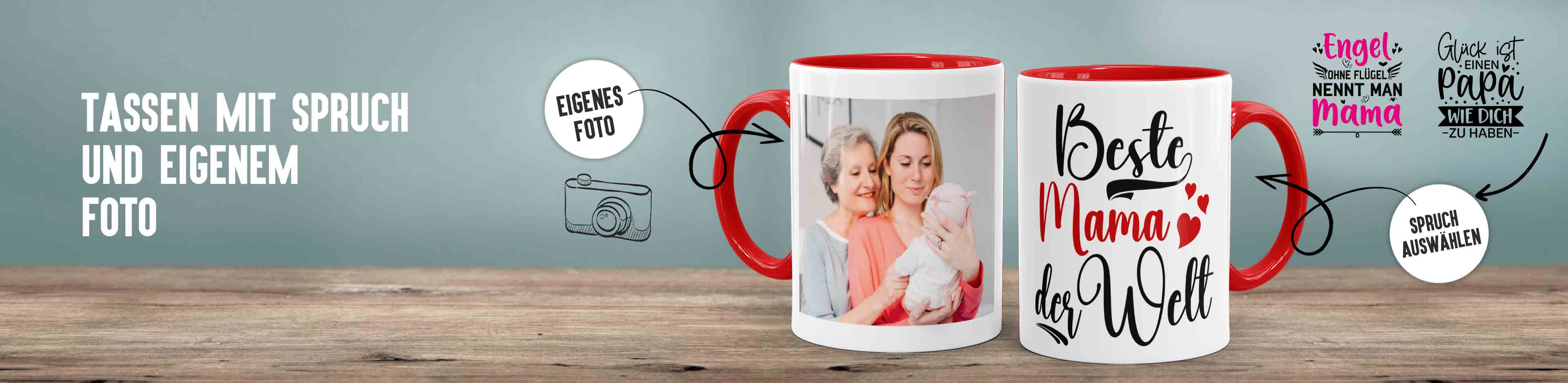 Banner Tassen mit Spruch und Beispielfoto von Roter Tasse