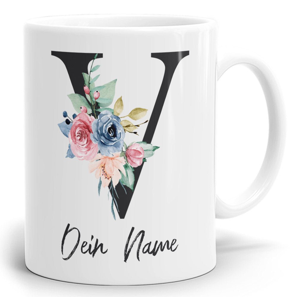 Namenstasse mit Blumen Initial und Wunschname - Fototassen.de